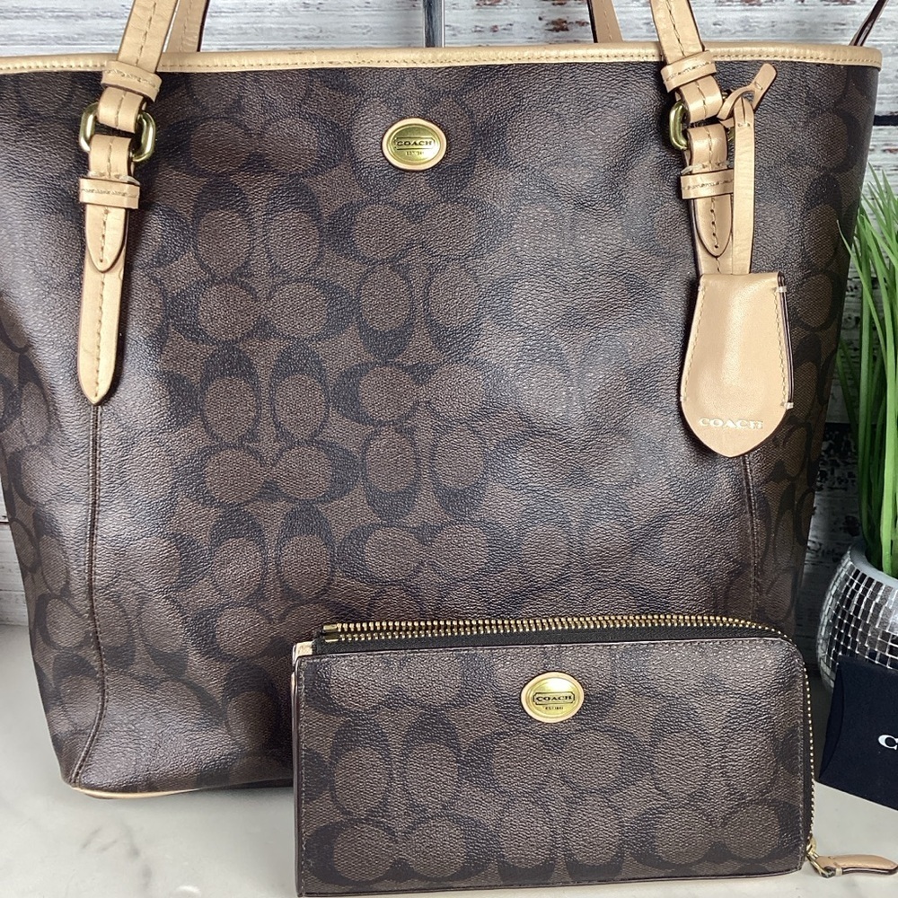 Coach Vintage Peyton Bag Brown Black Signature Tote with Wallet‎ Purse - Picture 4 of 16